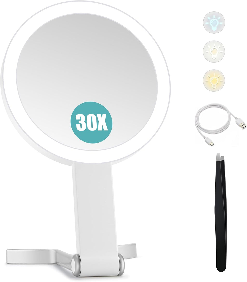 Magnifying Mirror with Light 30X, 2000mAh 1X/ 30X Magnifying Makeup Mirror with Standable Base & Tweezers, 3 Color Modes