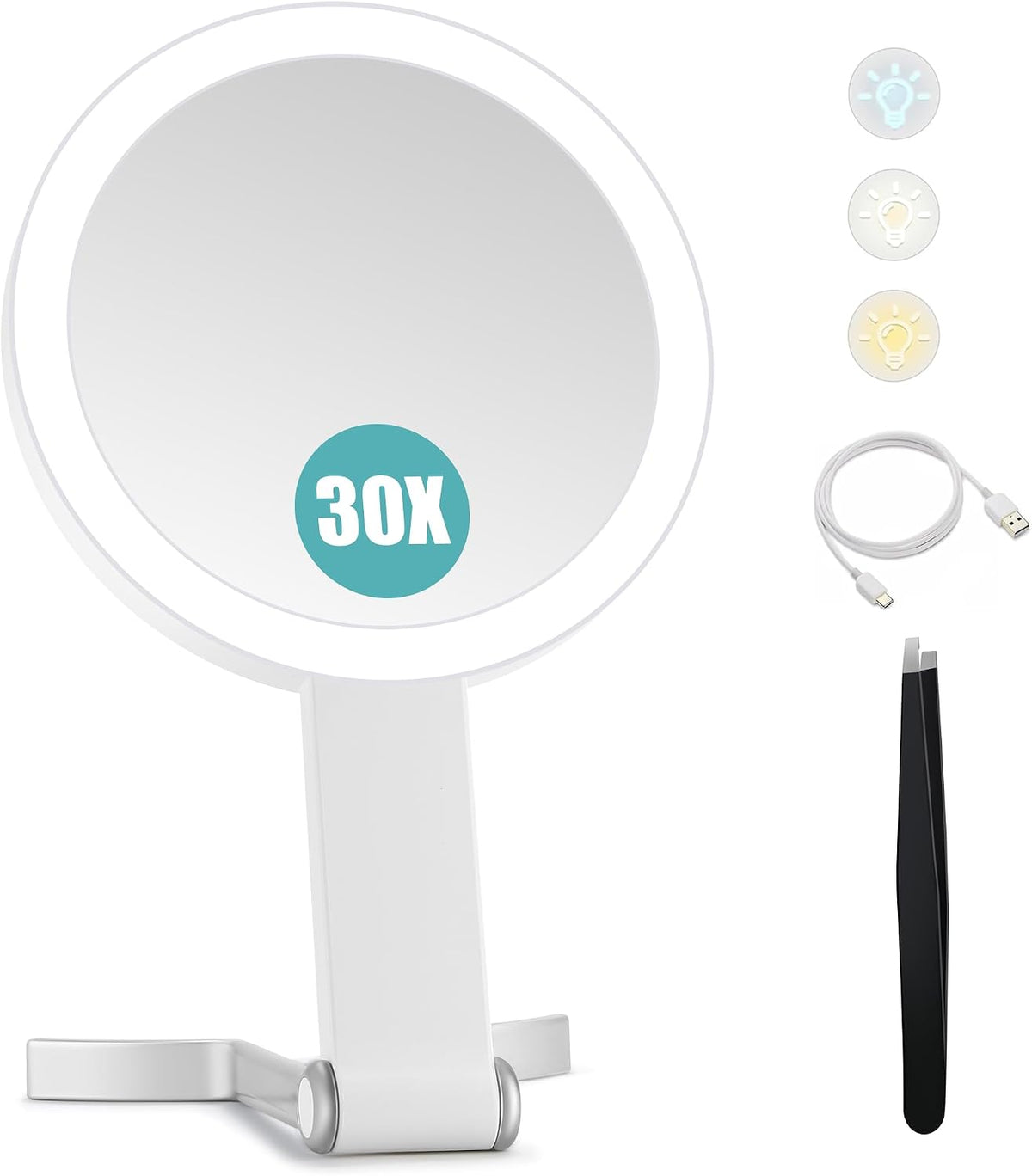 Magnifying Mirror with Light 30X, 2000mAh 1X/ 30X Magnifying Makeup Mirror with Standable Base & Tweezers, 3 Color Modes