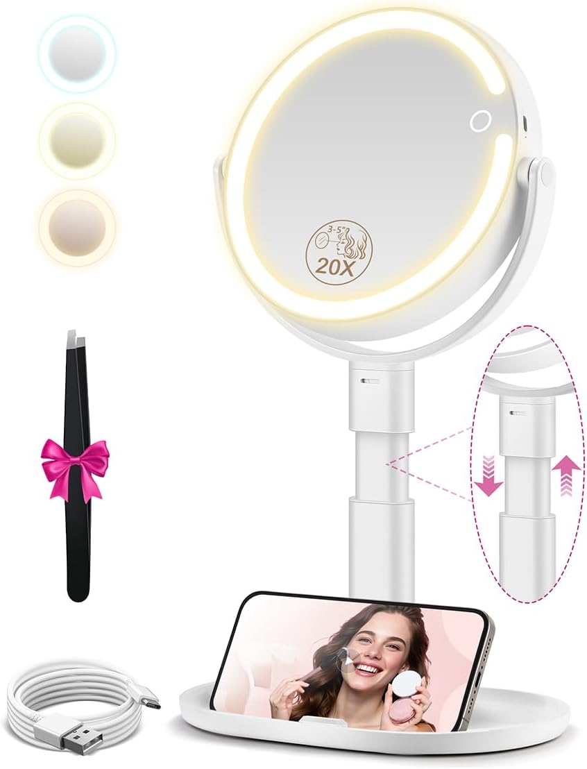 Makeup Mirror with Lights, 20X Magnifying Mirrors, Height Adjustable, Vanity Mirror with Lights Rechargeable 3 Color Mod