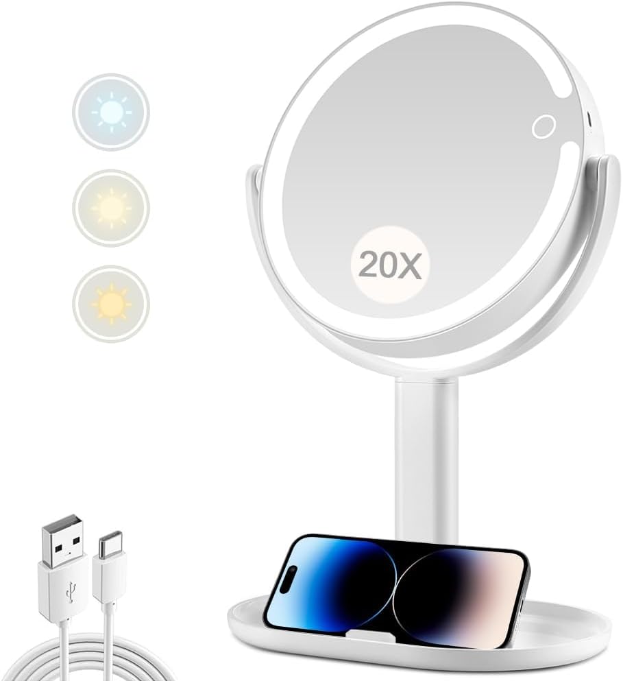 MIYADIVA Makeup Mirror with Lights,20X Magnifying Mirror with Light and Touch Switch,Vanity Mirror with 3 Color Light an