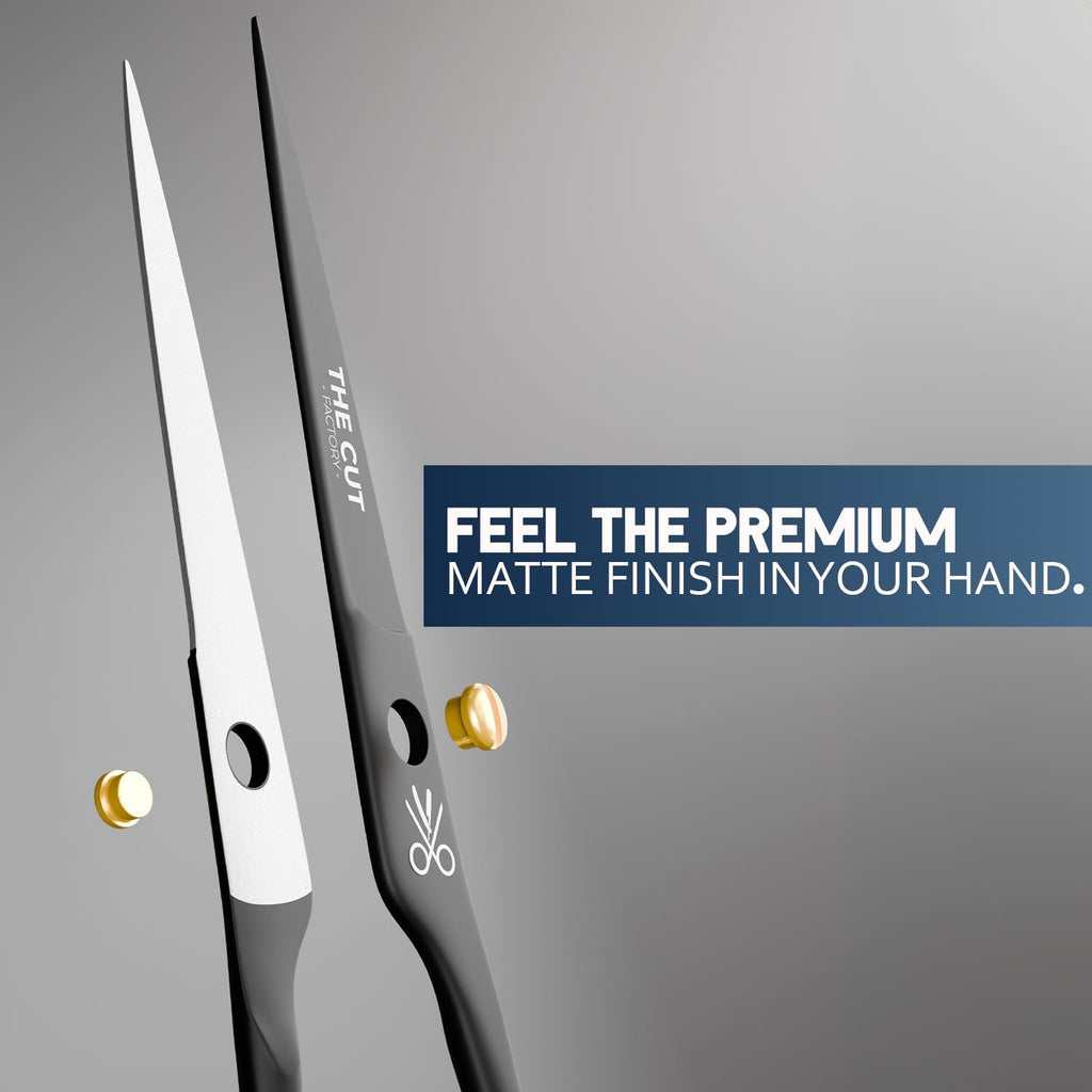 The Cut Factory® Hair Scissors & Hair Cutting Scissors - 6.5” Matte Black Professional Barber Shears with Micro-Serrated