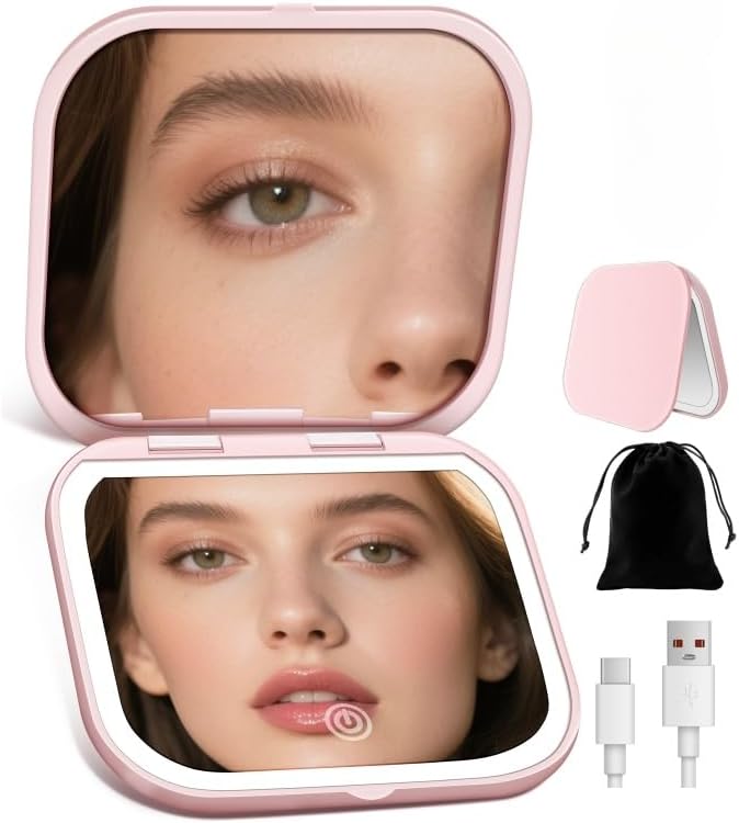 Magnifying Mirror with Light, Rechargeable Compact Makeup Mirror 40X Rose