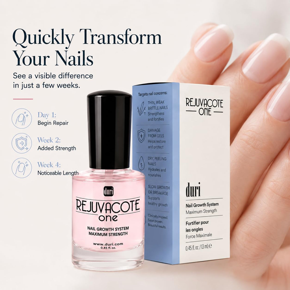 Duri Rejuvacote 1 Nail Growth System - Maximum Strength Nail Strengthener for Damaged Nails from Gel, Acrylic Manicure |