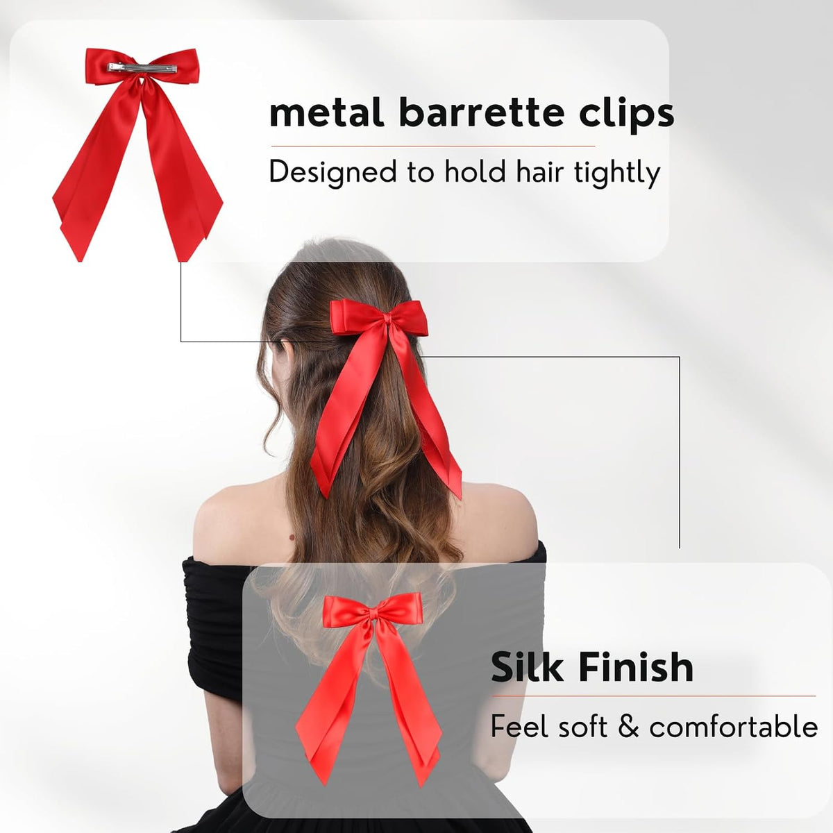 2 PCS Double Layer Hair Bows Red Hair Ribbon Clips Ponytail Holder Accessories for Women Girls Toddlers Teens Kids