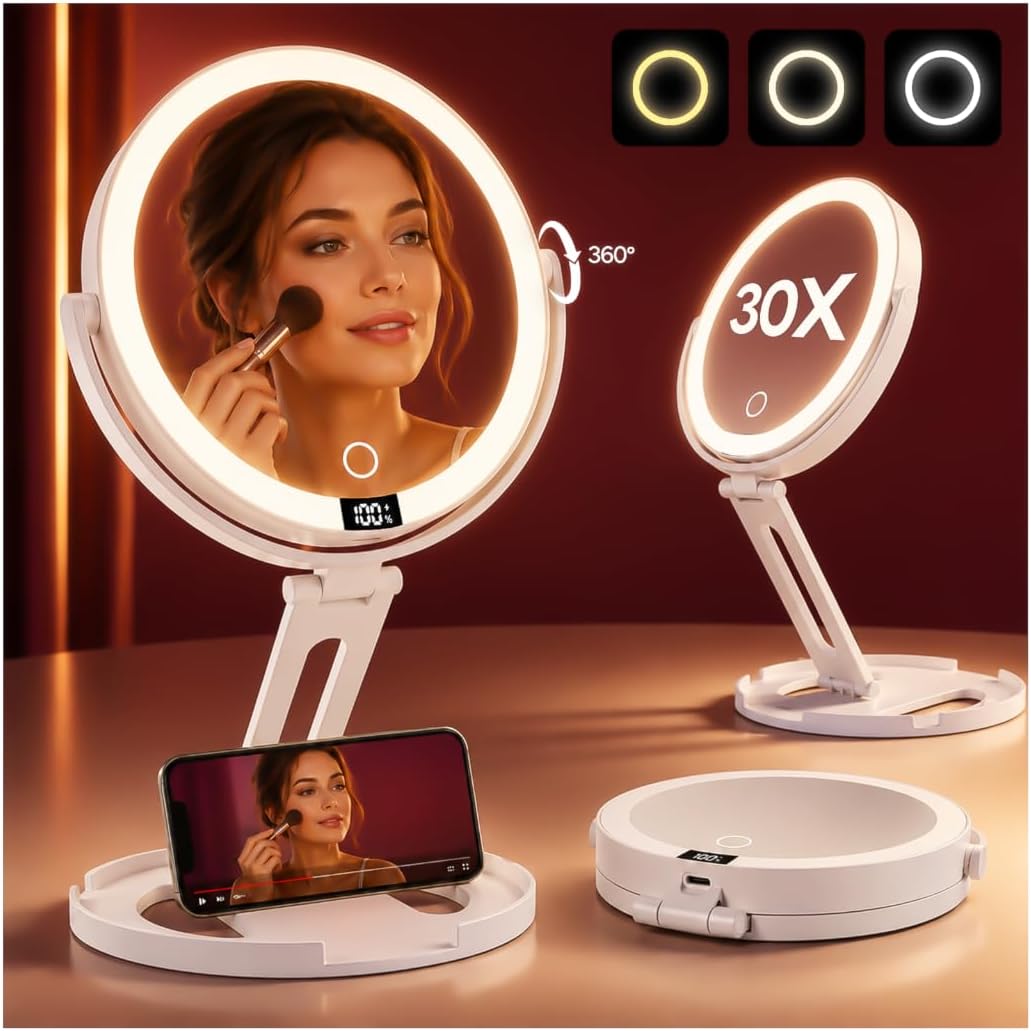 Travel Makeup Mirror with Lights, 1X/30X Double-Sided Magnifying Mirror