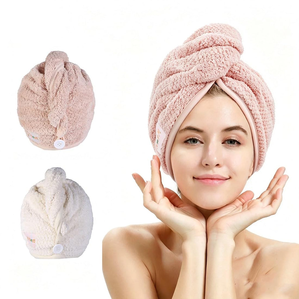 M-bestl 2 Pack Microfiber Hair Towel Wrap with Button,Quick Dry(Pink&Beige)