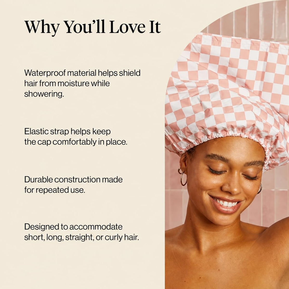 Kitsch Luxury Satin-Lined Flexi Shower Cap for Women - Terracotta Checker
