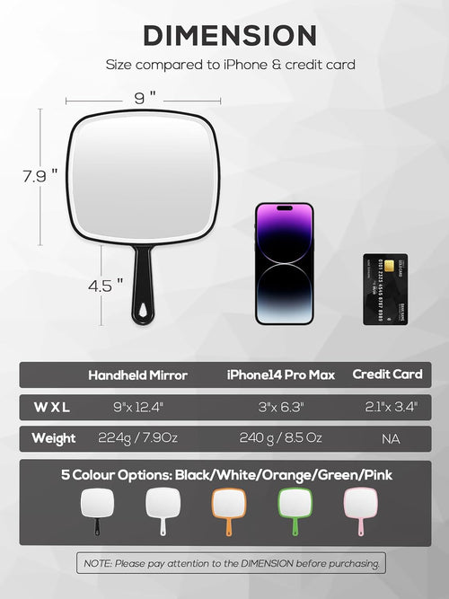 12.4" Lx 9" W Handheld Mirror, Wide View Shower Mirror , Black