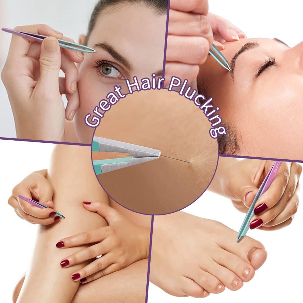 7 pcs Tweezers for Women Facial Hair, Precision Tweezer Set for Eyebrows with Curved Scissor and Eyebrow Razor for Ingro