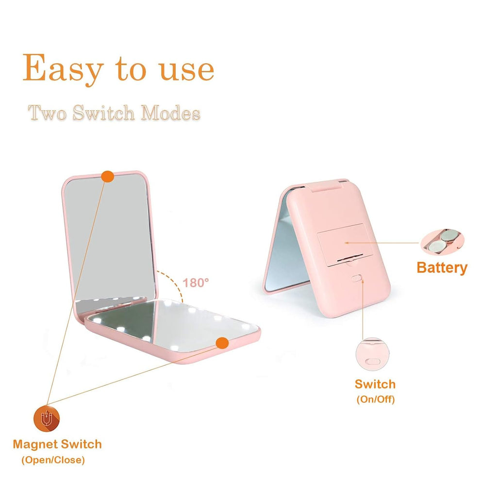 Kintion Pocket Mirror, 1X/3X Magnification LED Compact Travel Makeup Mirror with Light for Purse, 2-Sided, Portable, Fol
