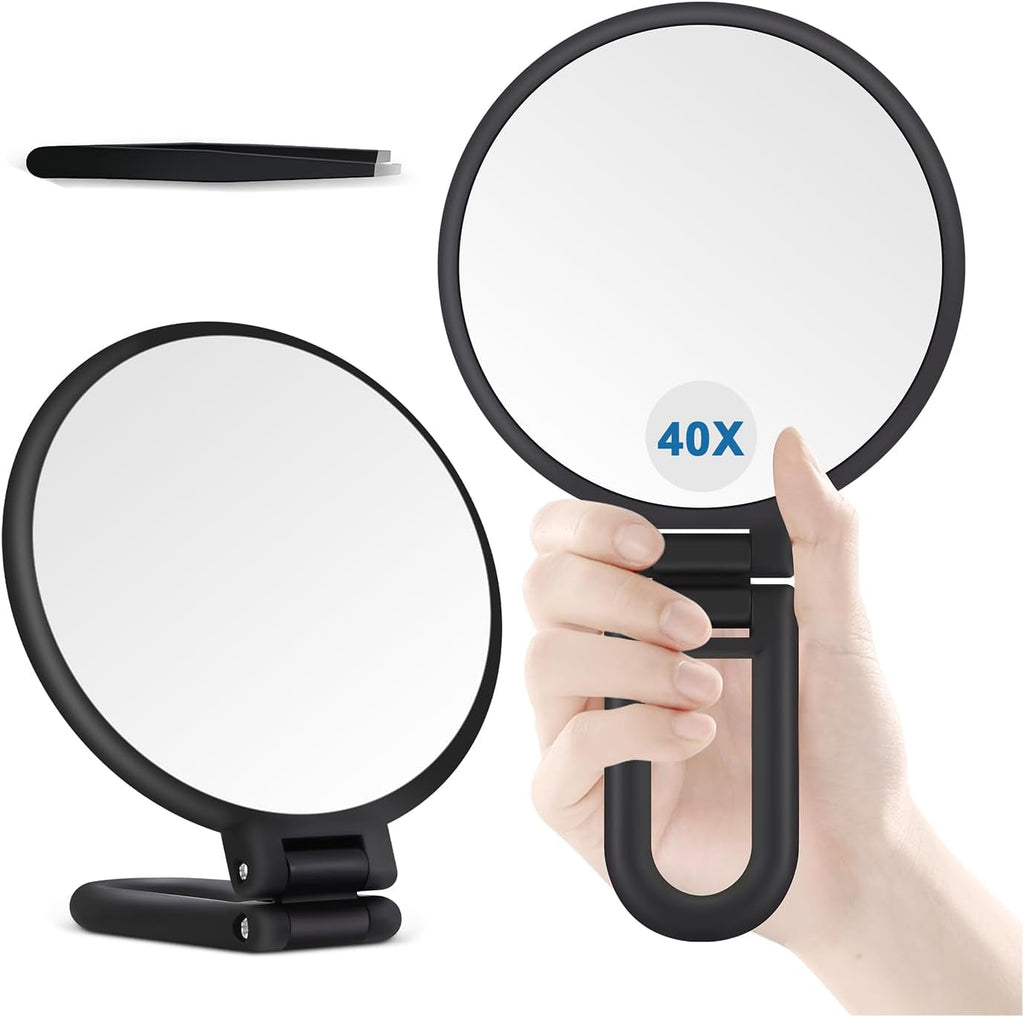 30X Magnifying Mirror, Hand Mirror with Handle, Double Sided Hand Mirror with 30X/1X Magnification, Travel Essential Por