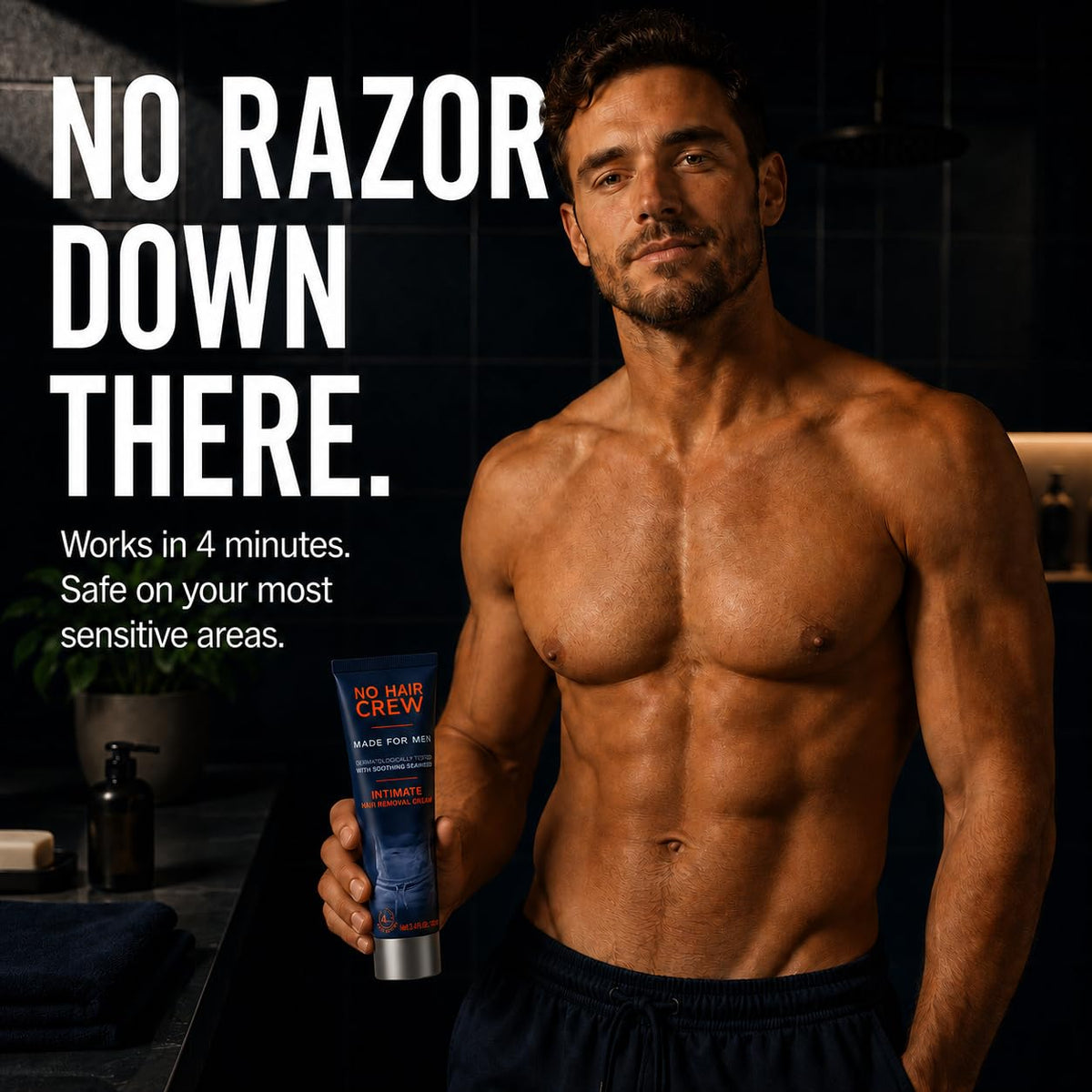 No Hair Crew Intimate/Private At Home Hair Removal Cream for Men - Painless, Flawless, Soothing Depilatory for Unwanted 