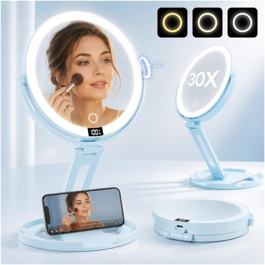 Travel Makeup Mirror with Lights, 1X/30X Double-Sided Magnifying Mirror