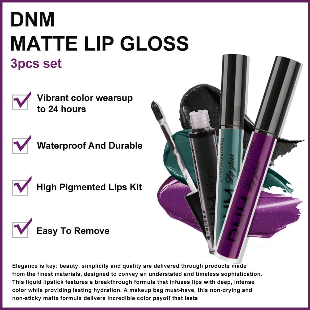 evpct 3Pcs Dark Black Green Purple Matte Liquid Lipstick Lip Stain Sets for Women Long Lasting Waterproof, 24 Hours Goth