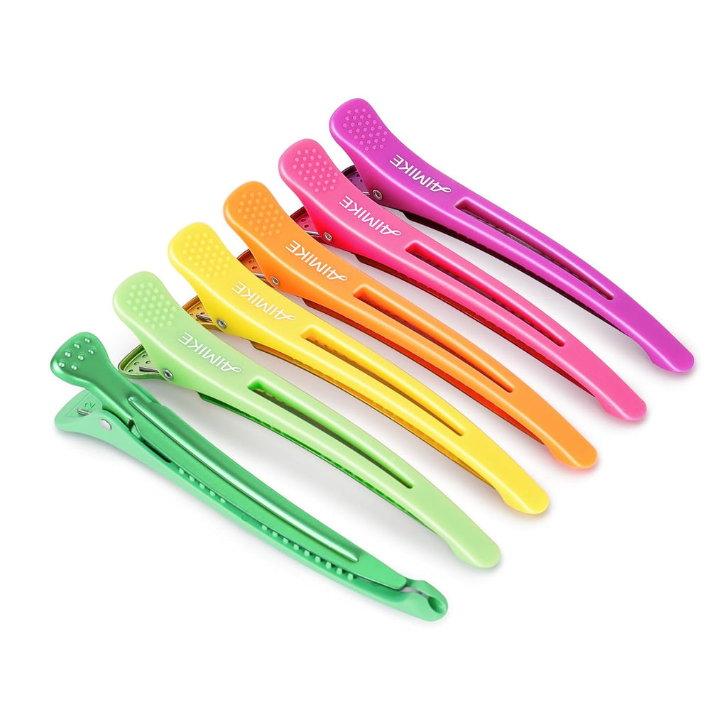 AIMIKE Neon Hair Clips, 12 Pcs Professional Sectioning and Cutting Clips for Hairdressers - 4.3" Long Duck Billed Roller