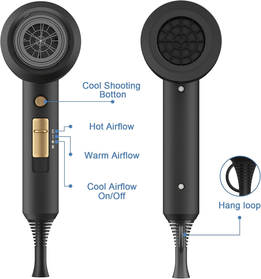 slopehill Professional Ionic Hair Dryer, Powerful 1800W Fast Drying Low Noise Blow Dryer with 2 Concentrator Nozzle 1 Di