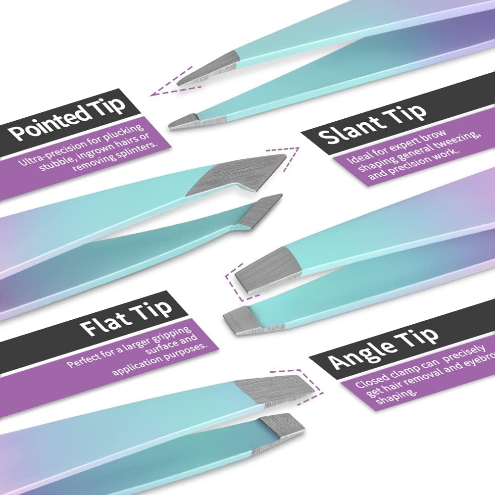 7 pcs Tweezers for Women Facial Hair, Precision Tweezer Set for Eyebrows with Curved Scissor and Eyebrow Razor for Ingro