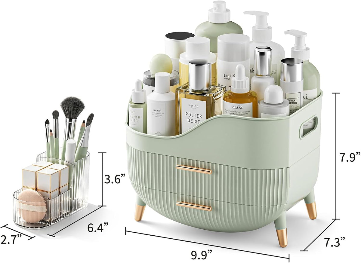 Pajiriona Makeup Organizer with Drawers, Green Skincare Organizer for Vanity, Storage Box with Handle, Large Cosmetic Di