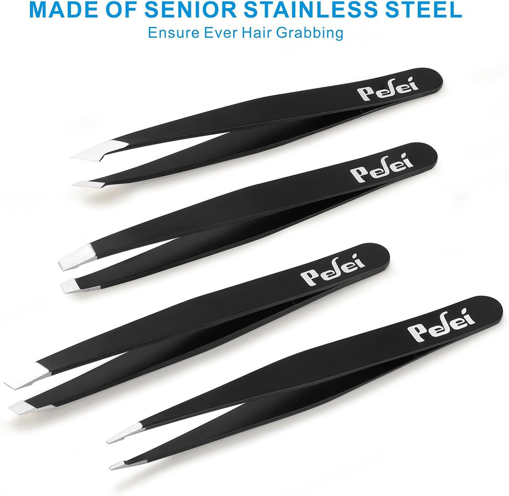 Pefei Tweezers Set - Professional Stainless Steel Tweezers for Eyebrows - Great Precision for Facial Hair, Splinter and 