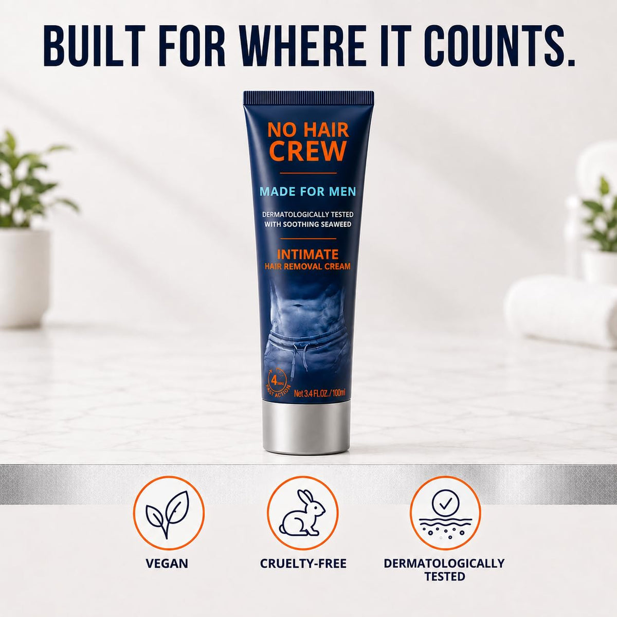 No Hair Crew Intimate/Private At Home Hair Removal Cream for Men - Painless, Flawless, Soothing Depilatory for Unwanted 
