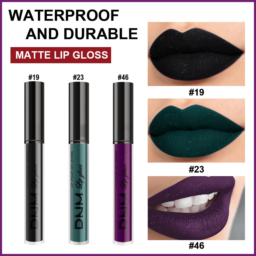 evpct 3Pcs Dark Black Green Purple Matte Liquid Lipstick Lip Stain Sets for Women Long Lasting Waterproof, 24 Hours Goth