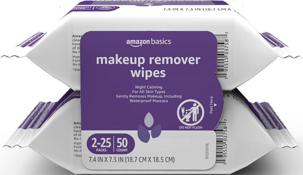 Amazon Basics Makeup Remover Wipes, Formulated without Fragrance and Alcohol-Free, Gentle Cleansing, Removes Waterproof 