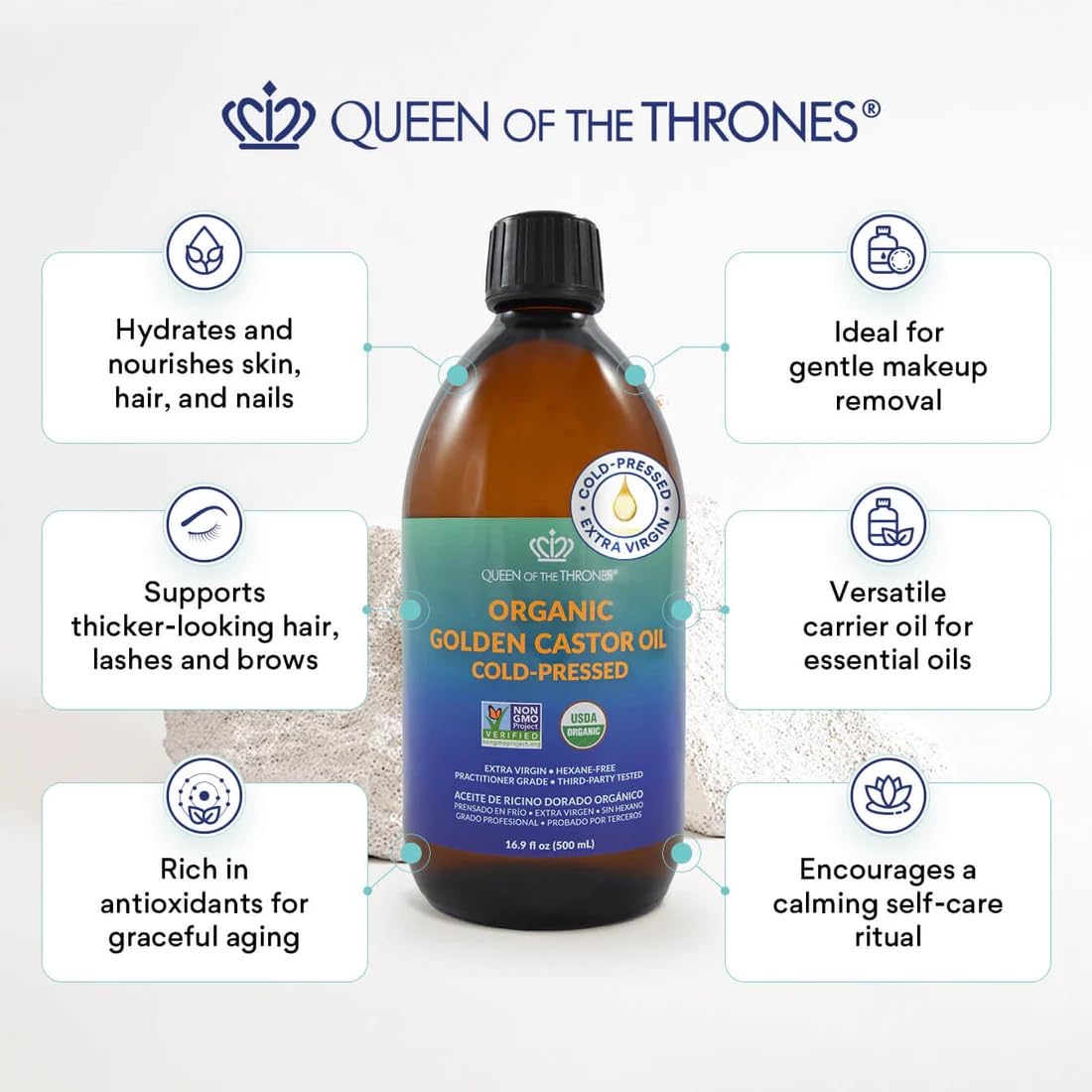 QUEEN OF THE THRONES Organic Golden Castor Oil, 16.9 oz, 500 ml