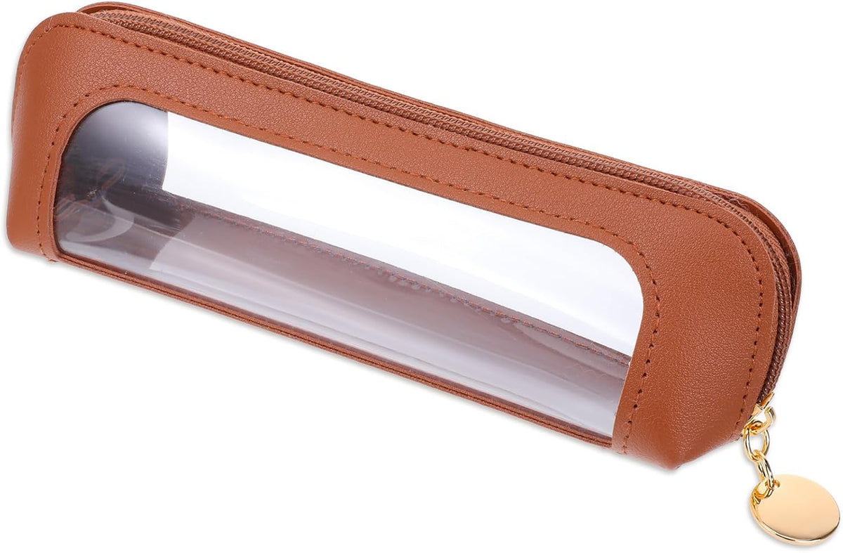 Psyqtsuary Small Clear Makeup Bag, PU Leather Travel Makeup Brush Case Portable Transparent Waterproof Cosmetic Organize