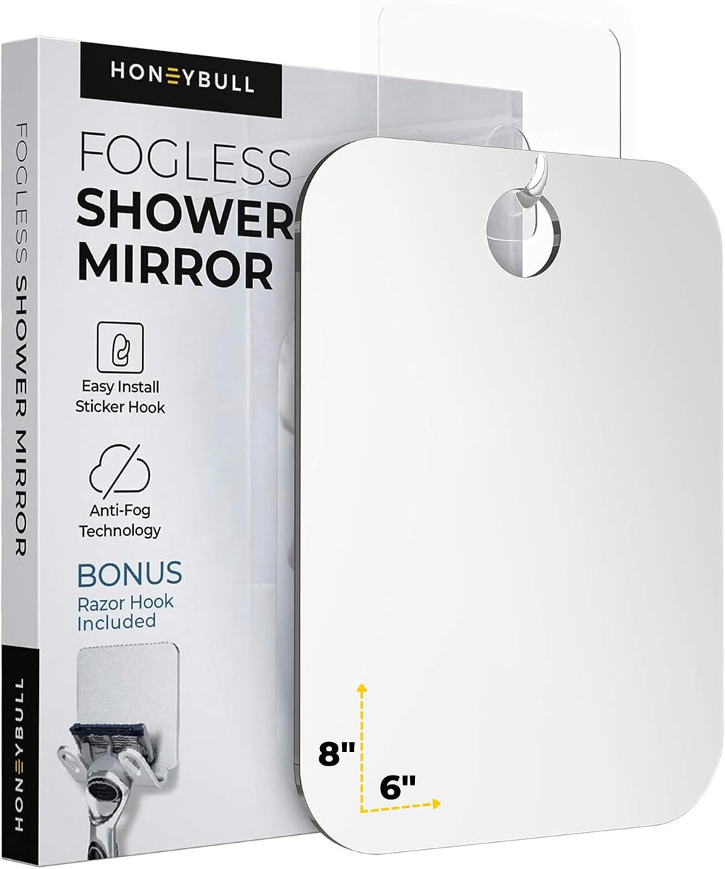HONEYBULL Fogless Shower Mirror for Shaving, No Drill Mount, Compact 6x8in