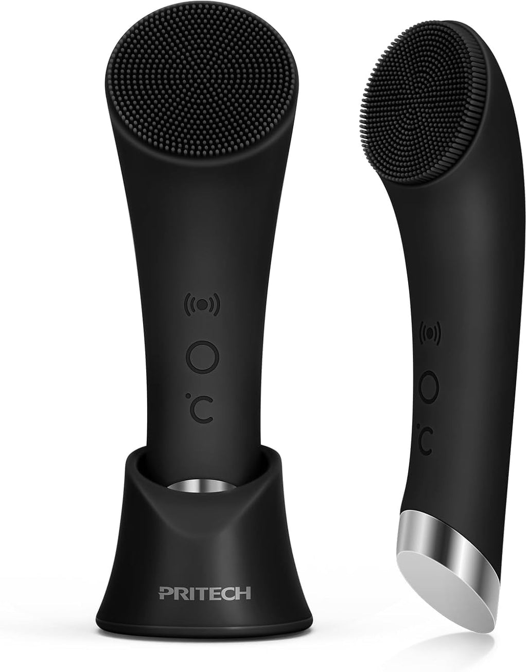 PRITECH Facial Cleansing Brush, Rechargeable Silicone Face Scrubber with Heat Massage End, Vibrating Exfoliator Scrubber
