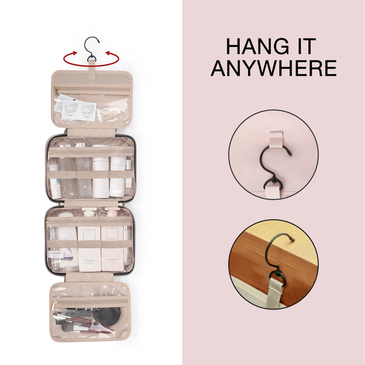 BAGSMART Toiletry Bag Travel Bag with Hanging Hook, Water-resistant Makeup Cosmetic Bag Travel Organizer for Accessories