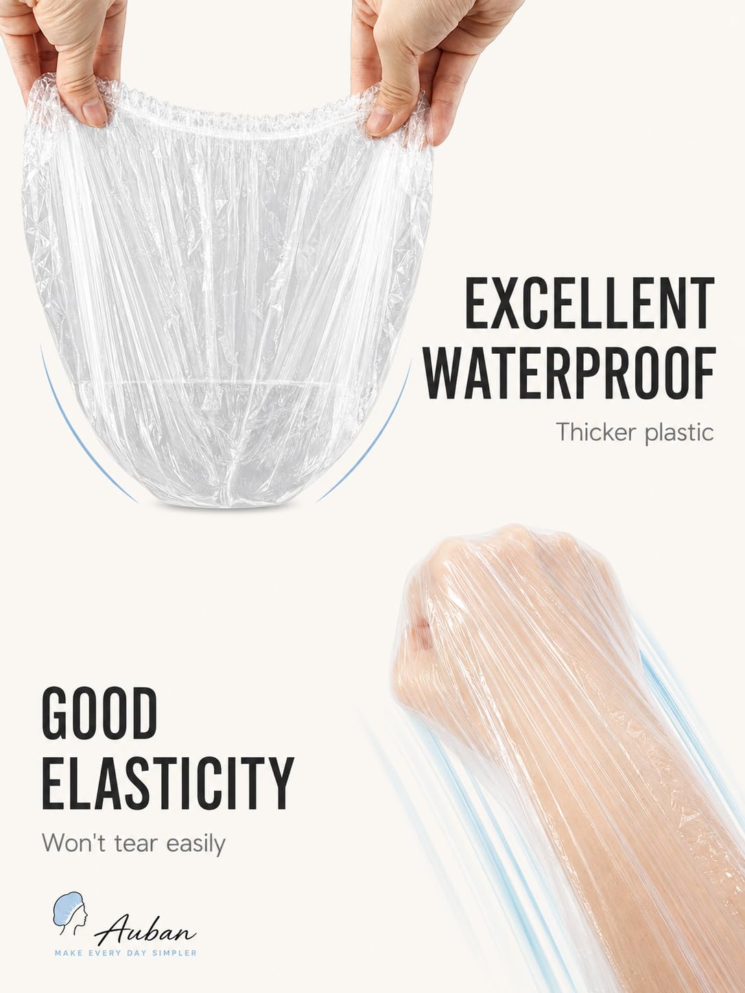 Auban 100PCS Disposable Shower Caps, Plastic Clear Hair Cap Large Thick Waterproof Bath Caps for Women, Hotel Travel Ess