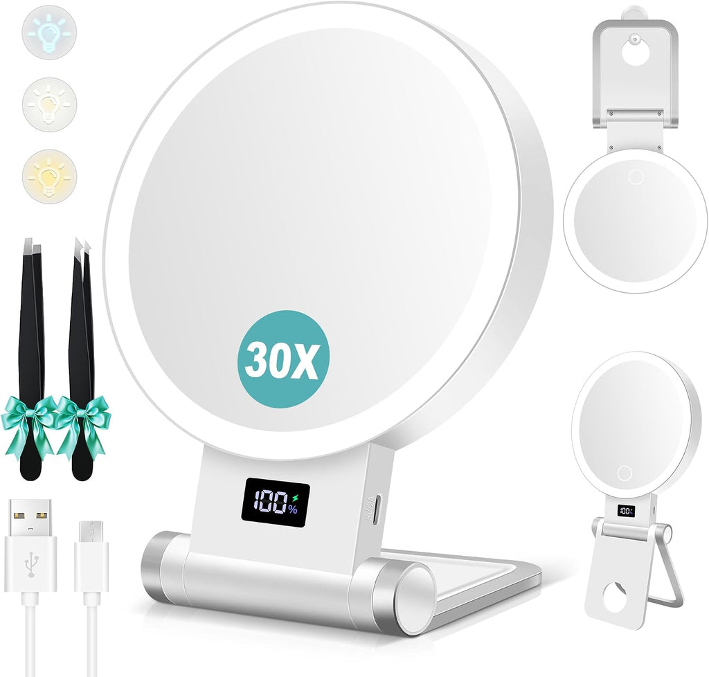 Magnifying Mirror with Light 30X, 2000mAh 1X/ 30X Magnifying Makeup Mirror with Standable Base & Tweezers, 3 Color Modes