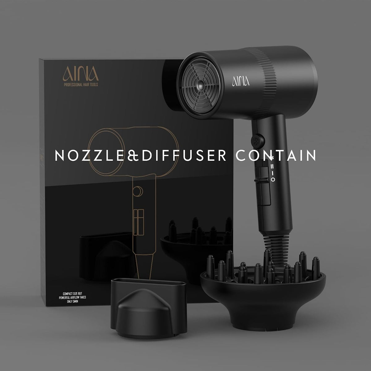 AINA Diffuser Hair Dryer Full-Featured Blow Dryer 110V/1600W(Vader Black)
