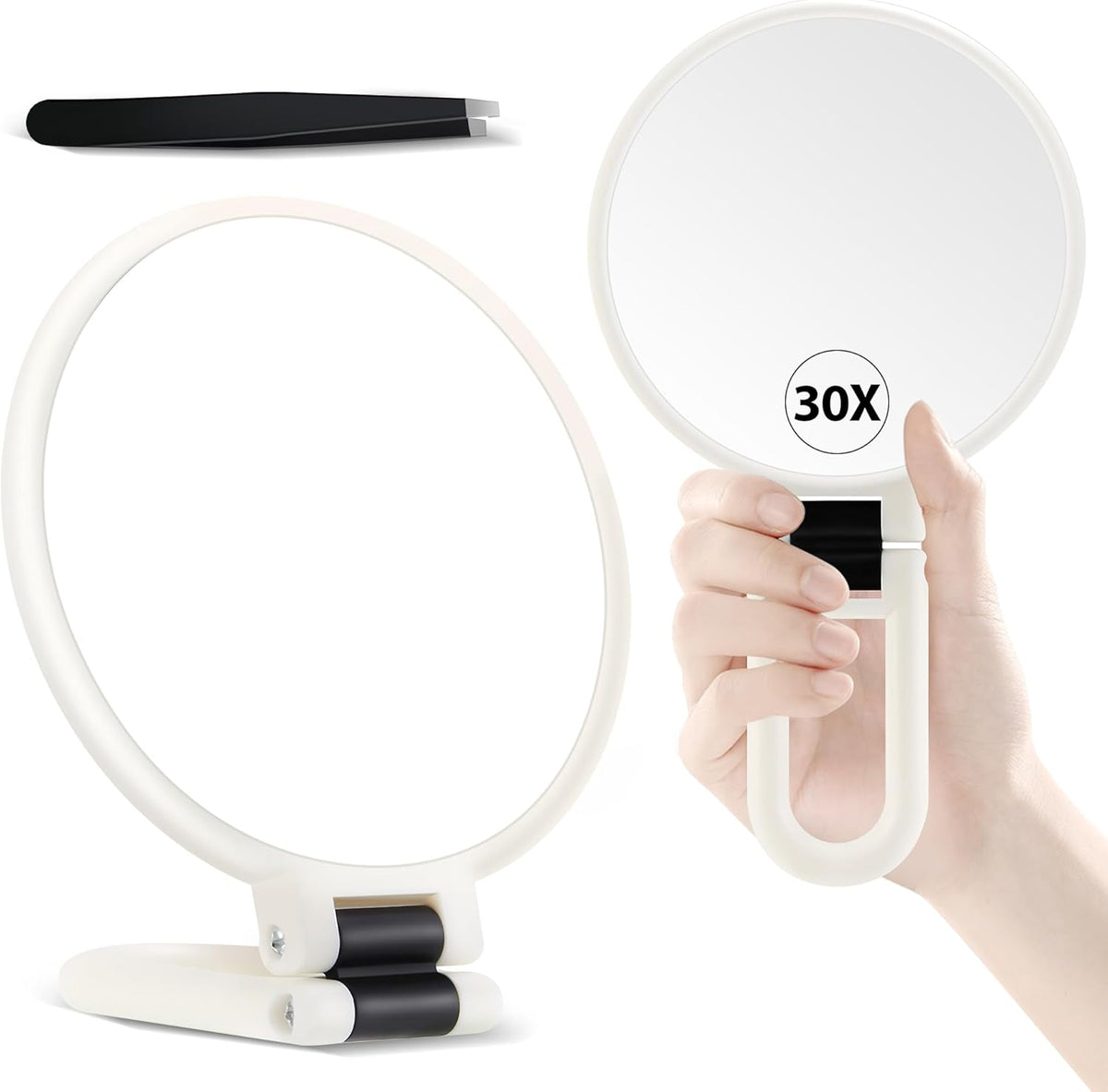 30X Magnifying Mirror, Hand Mirror with Handle, Double Sided Hand Mirror with 30X/1X Magnification, Travel Essential Por