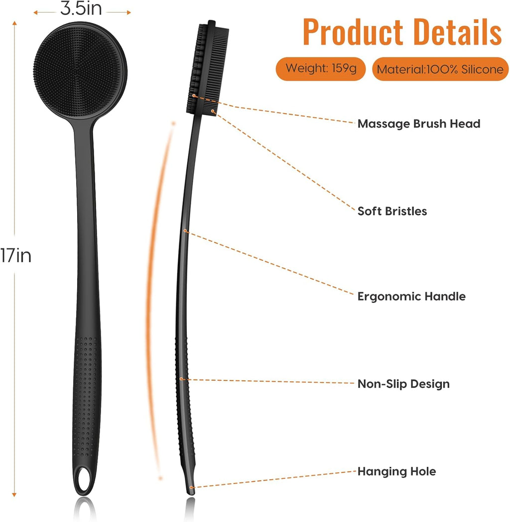Silicone Back Scrubber for Shower, 17in Lengthen Long Handle Body Brush, Double Sided Shower Brush for Shower Exfoliatin