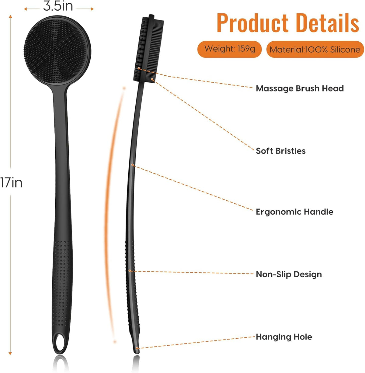 Silicone Back Scrubber for Shower, 17in Lengthen Long Handle Body Brush, Double Sided Shower Brush for Shower Exfoliatin