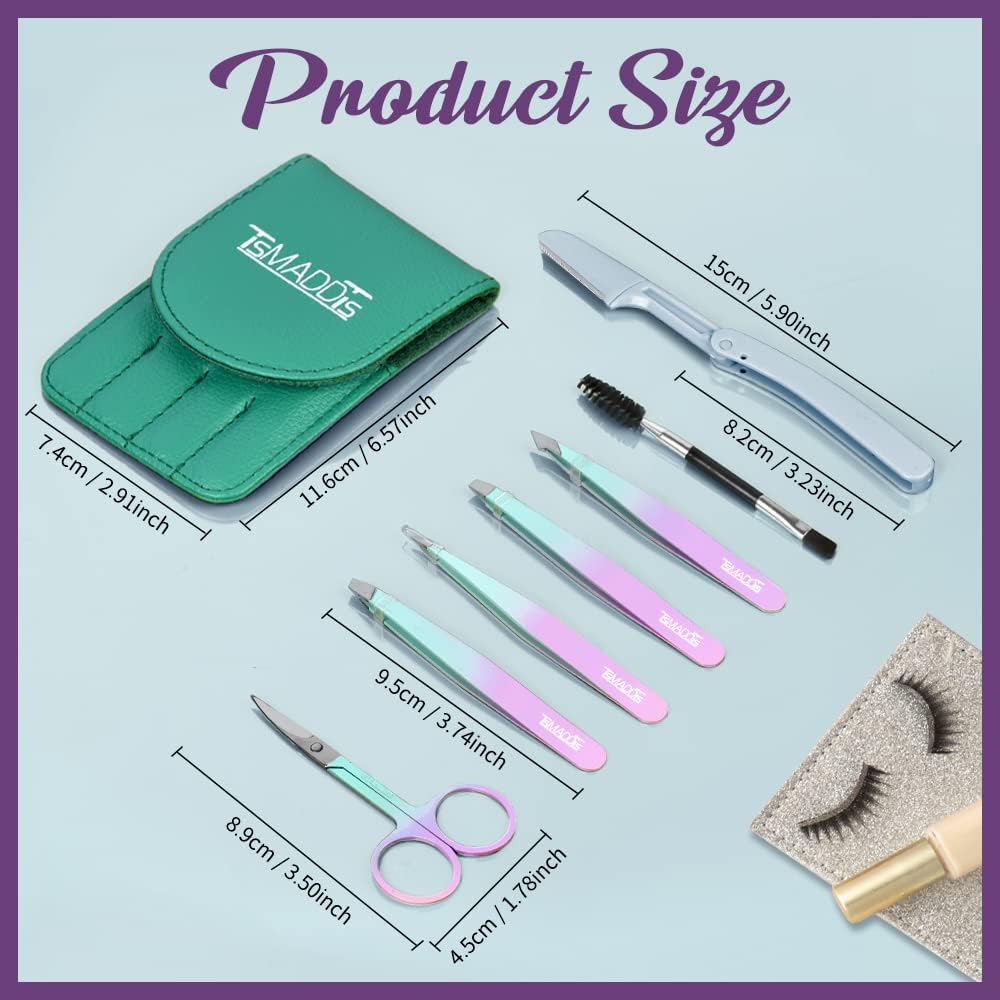 7 pcs Tweezers for Women Facial Hair, Precision Tweezer Set for Eyebrows with Curved Scissor and Eyebrow Razor for Ingro