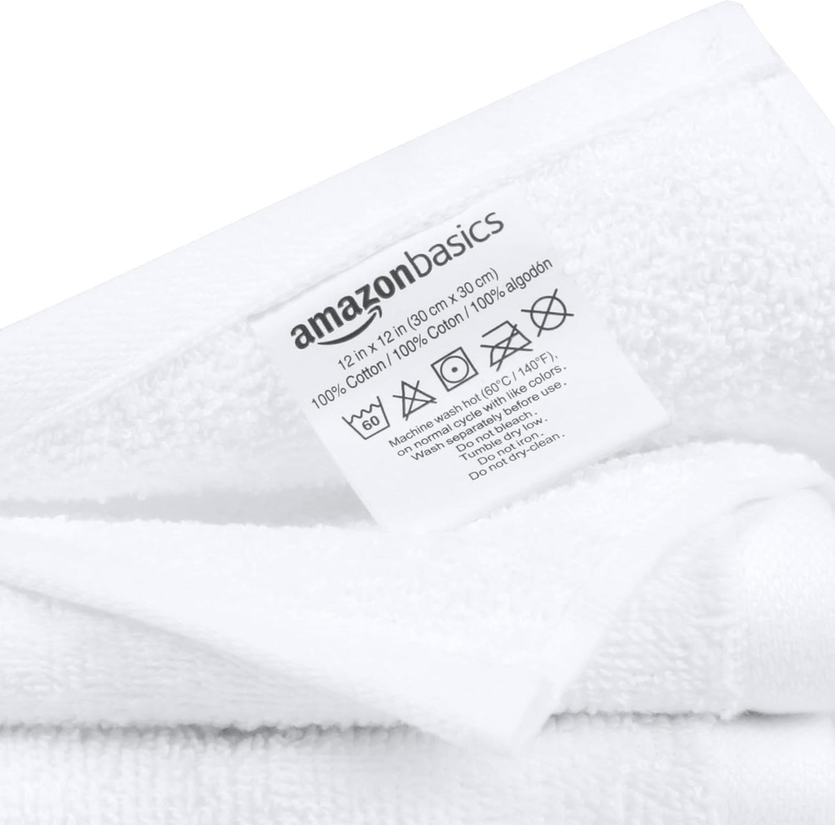 Amazon Basics Fast Drying Cotton Washcloths for Bathroom, Machine Washable, Soft and Highly Absorbent, 12 x 12 in, White