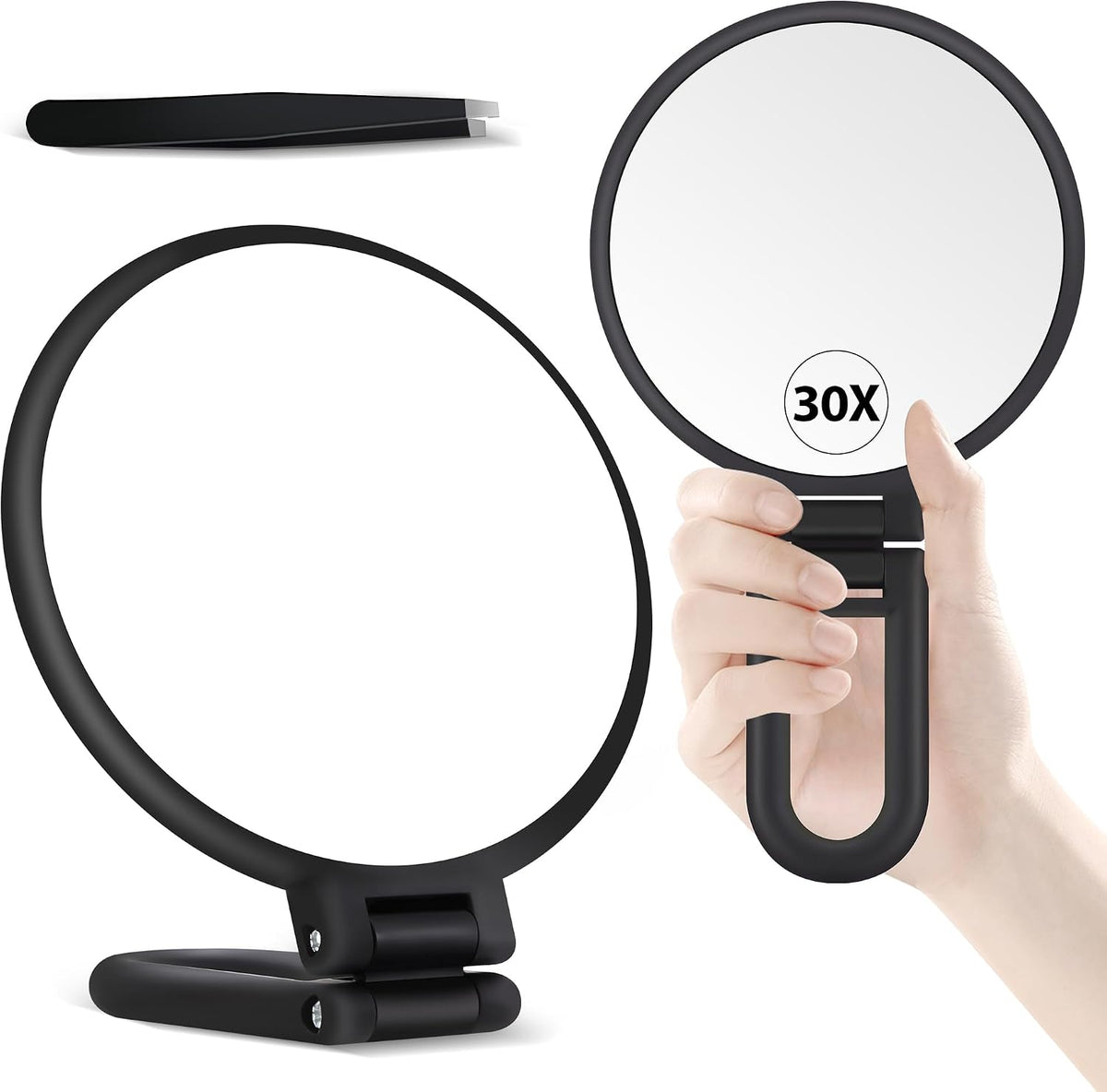 30X Magnifying Mirror, Hand Mirror with Handle, Double Sided Hand Mirror with 30X/1X Magnification, Travel Essential Por