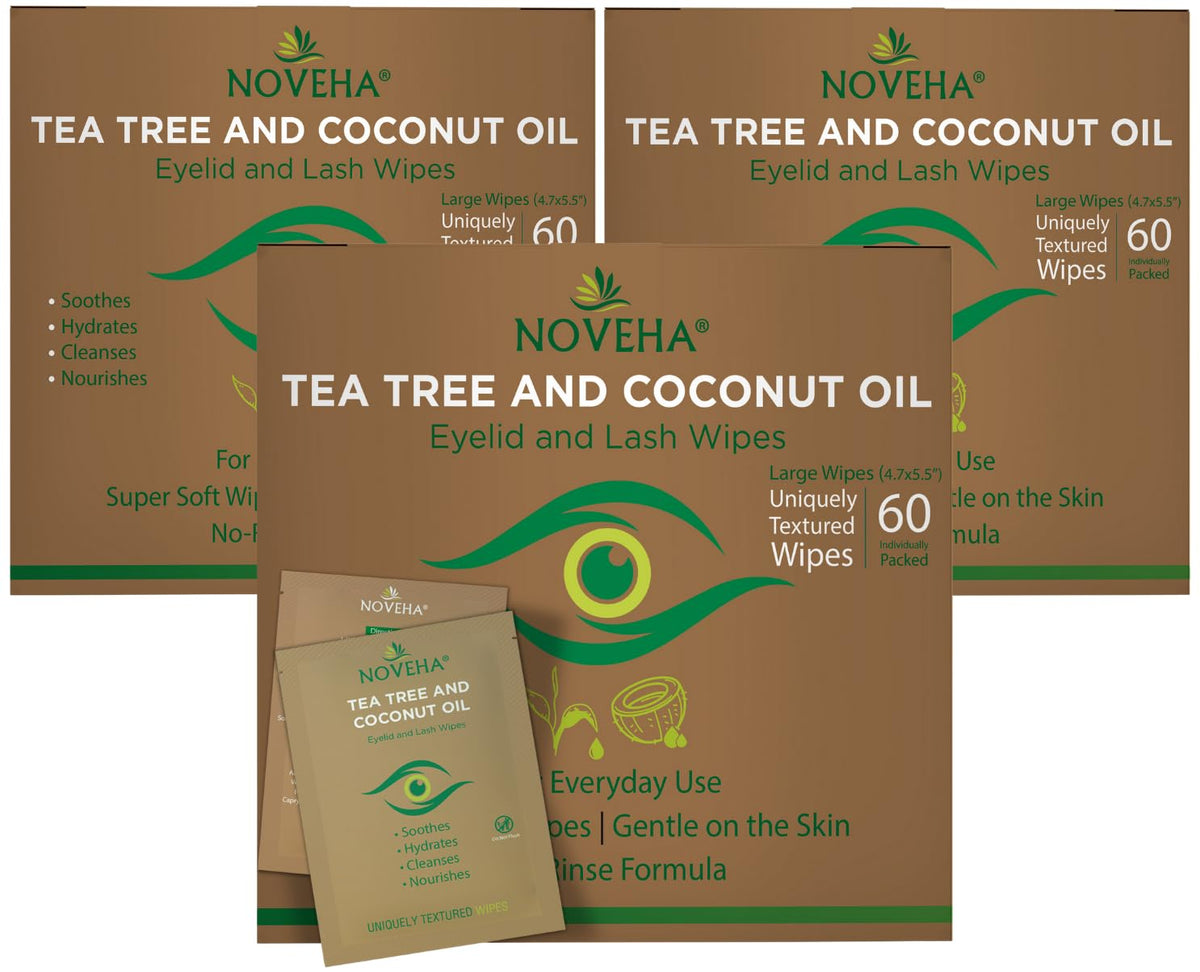NOVEHA 60PCs Tea Tree & Coconut Oil Eyelid & Lash Wipes - For Demodex, Blepharitis & Itchy Eyes, Individually Wrapped Ey