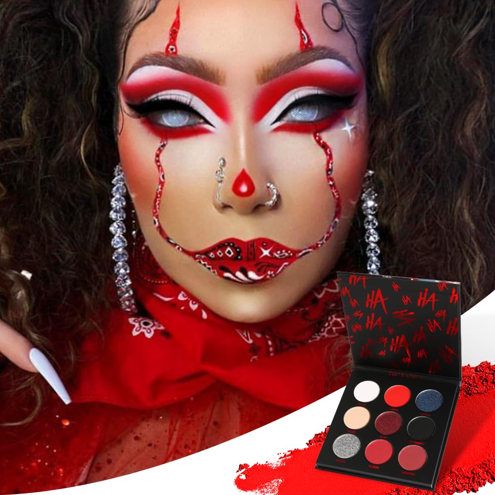 Red Goth Eyeshadow Palette - 9 Colors True Hot Red Black Eye Shadows | Halloween Glitters Makeup | Matte Shimmer High Pi