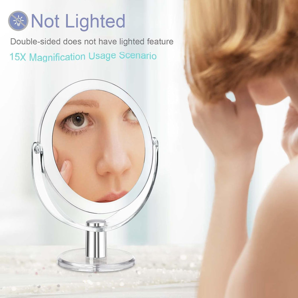 CLSEVXY Vanity Makeup Mirror with Stand, 1X/15X Magnification Double Sided 360 Degree Swivel, Portable Table Desk Counte