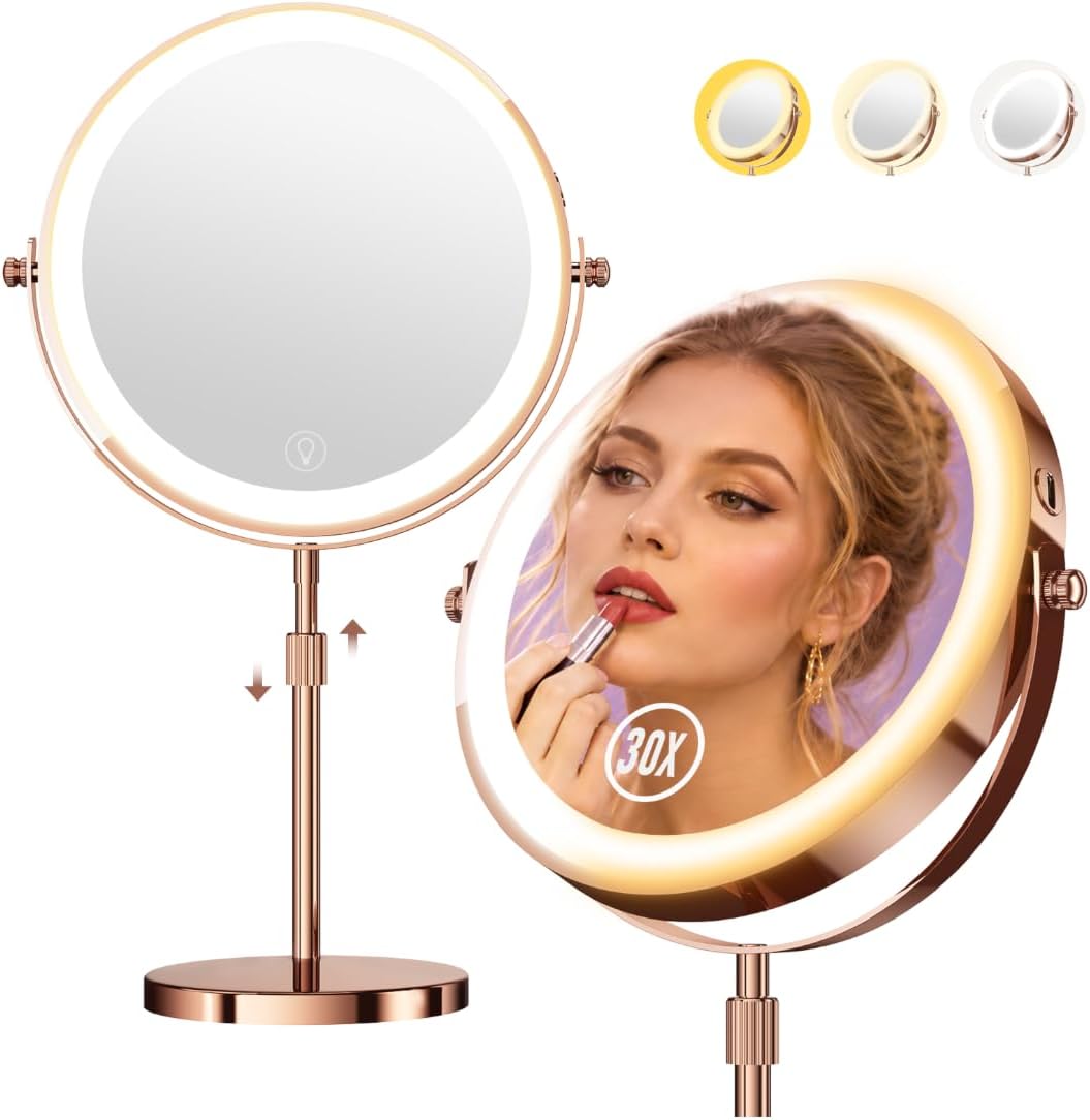 1X/20X Makeup Mirror with Lights, 9" Magnifying Mirror 5000mAh Rechargeable