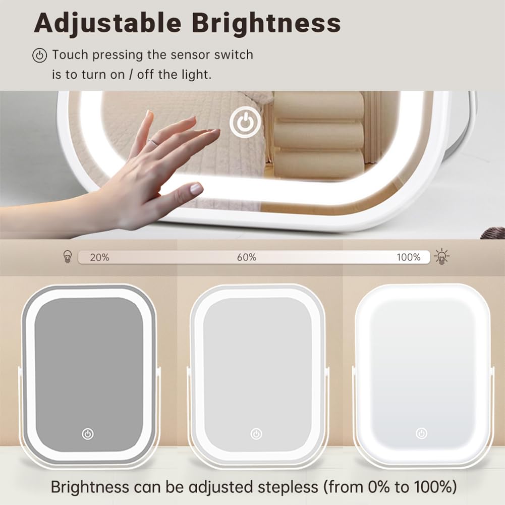 YEKKOPT Travel Makeup Mirror with Lights, Portable Small Beauty LED Vanity Mirror with Lights, 1200mAh Battery, Dimmable