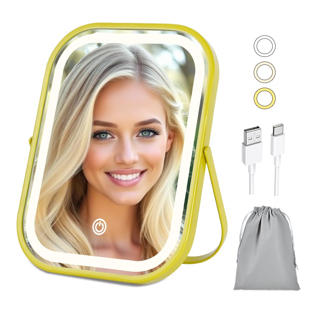 YEKKOPT Travel Makeup Mirror with Lights, Portable Small Beauty LED Vanity Mirror with Lights, 1200mAh Battery, Dimmable