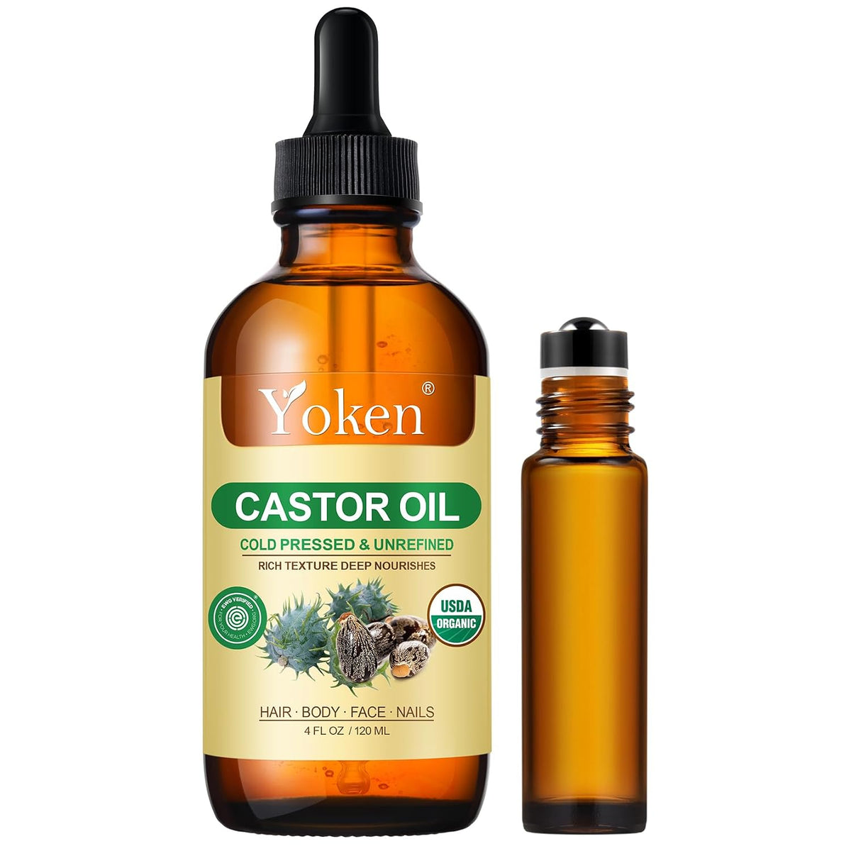Yoken USDA Organic Castor Oil 16oz Cold Pressed Hexane Free for Hair Skin