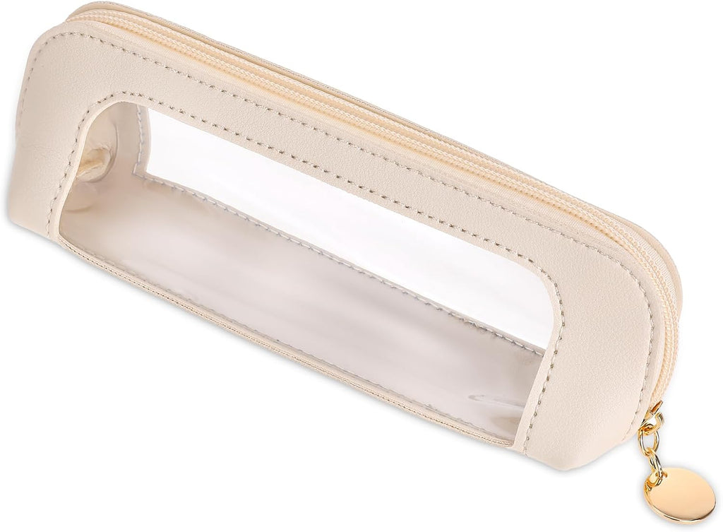 Psyqtsuary Small Clear Makeup Bag, PU Leather Travel Makeup Brush Case Portable Transparent Waterproof Cosmetic Organize