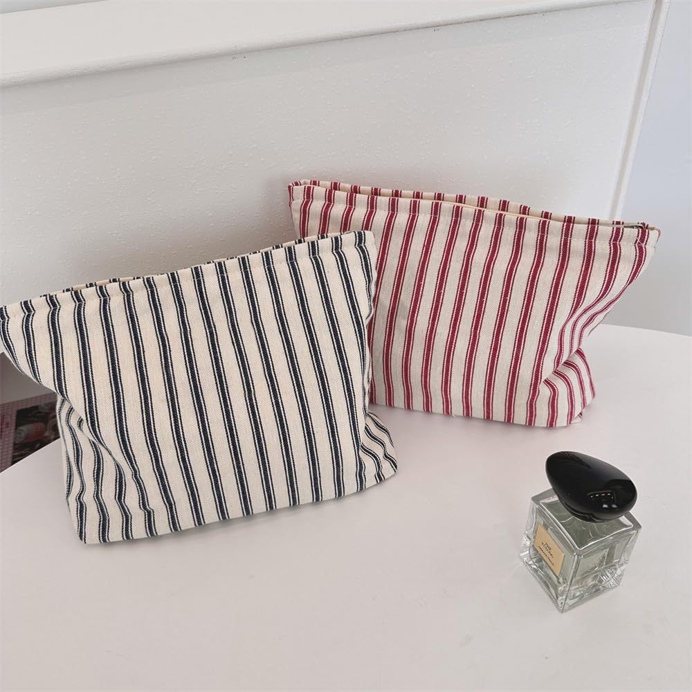 Flat Makeup Bag for Women,Zipper Cosmetic Pouch,Vintage Stripe Navy Blue