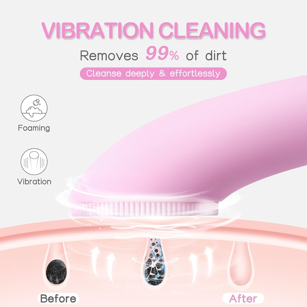 PRITECH Facial Cleansing Brush, Rechargeable Silicone Face Scrubber with Heat Massage End, Vibrating Exfoliator Scrubber
